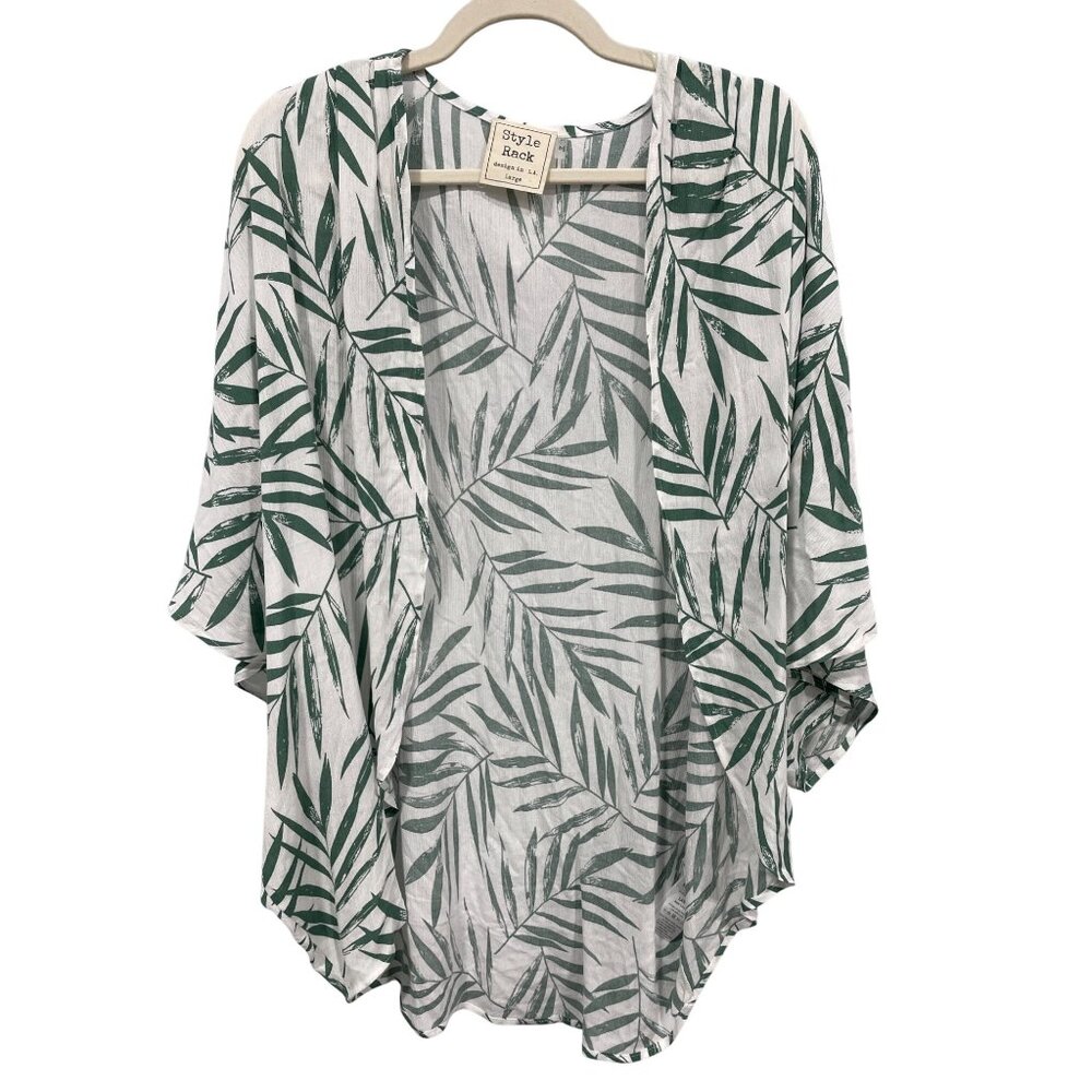 Style Rack Open Front Kimono Cardigan Womens L White Green Palm Print Tropical